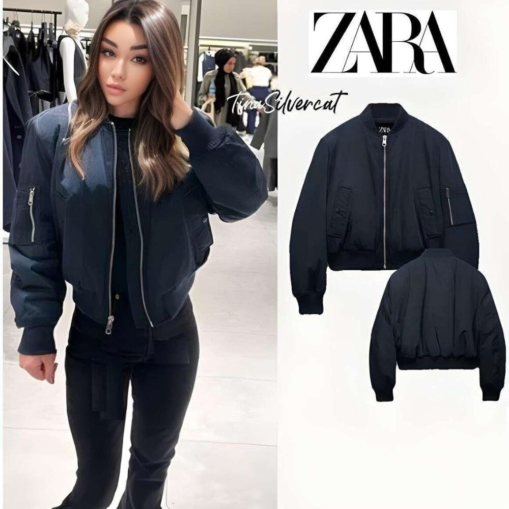 BLOGGER'S FAVE! Zara Short Bomber Jacket Navy Blue NWT - Picture 2 of 10